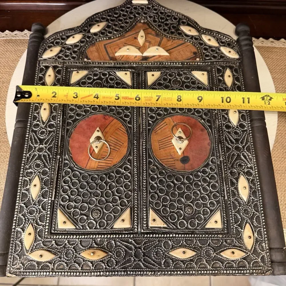 Vintage Moroccan Wall Mirror With Camel Bone Inlay, Leather, And Metalwork